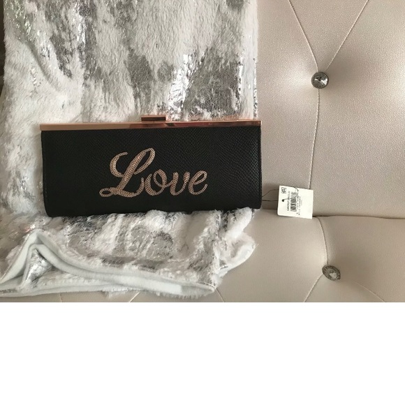 INC International Concepts Carolyn "Love" Black Sequin Clutch - Picture 9 of 15